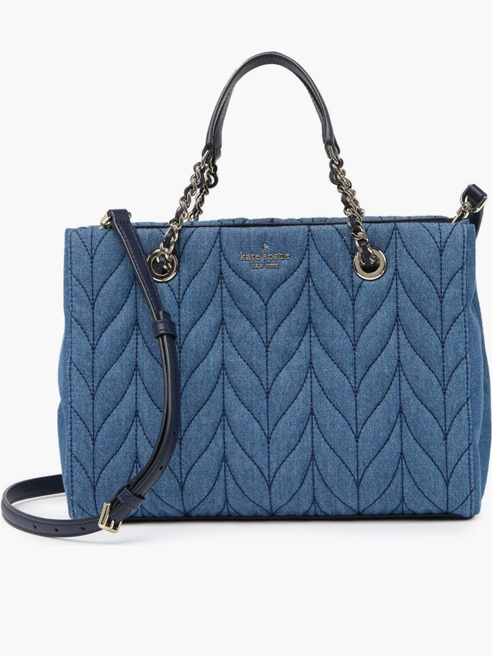 Kate Spade Denim Quilted Shoulder Bag Blue Chain Strap Tote Purse